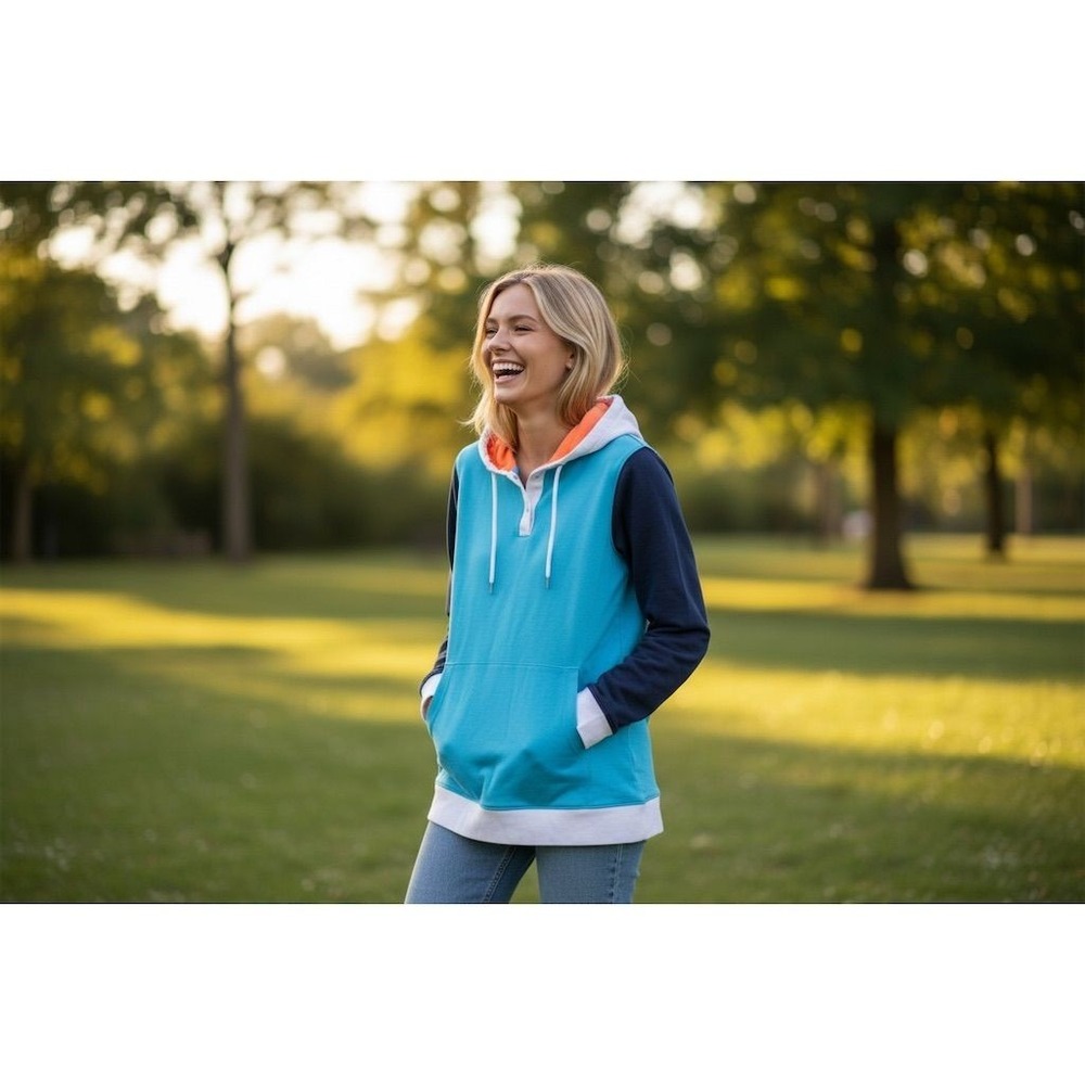 Lands' End Women's Color Block Hoodie Blue Pullover M vintage rugby style preppy